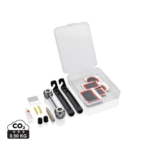 Compact easy to carry bike repair kit easy to carry in a PP box. The set includes 1 aluminum alloy wrench, 2 tyre levers, 1 glue, 2 valve caps, 2 valve tubes, 1 grater, 5 repair patches.