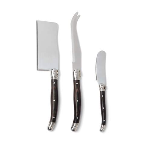 An exclusive stainless steel cheese knife set consisting of two cheese knives and a butter knife with a black pakka wood handle. Packed in an exclusive gift box.