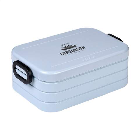 Bento lunch box from Mepal. This lunch box has two separate compartments, as well as an extra box with a fork. This lunch box is robust in design with a close-fitting lid. The lid is fitted with a sealing ring ensuring that the contents remain fresh for a long period of time. The bento containers in the lunch box can be used in the microwave, without the lid. A very high-quality product, this lunch box has a capacity of 900 ml and is suitable for storing up to 4 sandwiches. BPA Free and Food Approved, with a 2-year Mepal factory warranty. Made in Holland.   STOCK INFORMATION: Up to 1,000 pieces available within 10 working days. Reservations and exceptions apply.