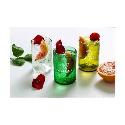 Set of Rebottled® design drinking glasses made from upcycled wine bottles. Unique glasses in which you immediately recognise the original wine bottle. The glasses fit comfortably in your hand and have a smooth finish. Of high quality and suitable for water, soft drinks or cocktails. Dishwasher-safe up to 60C°. Washing by hand is recommended to preserve the imprint. Per set delivered in an original gift box made from recycled FSC®-certified cardboard. Dutch design. Made in Holland. Capacity approx. 400 ml per glass. Imprint only possible in black or white.     Rebottled® upcycles empty wine bottles into 100% circular design items.