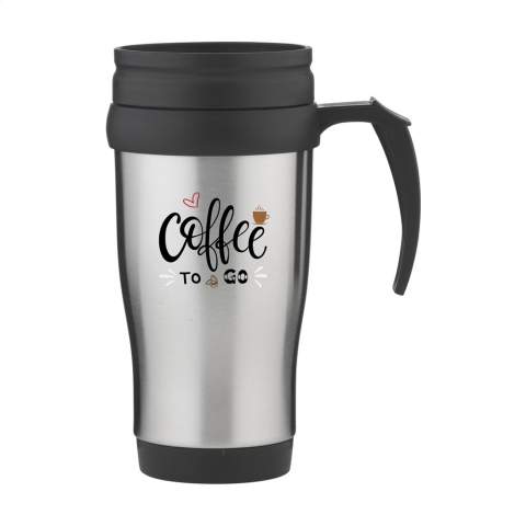 Double-walled stainless steel and plastic thermo mug with screw top lid and slide/click opening. Capacity 400 ml. Each item is individually boxed.