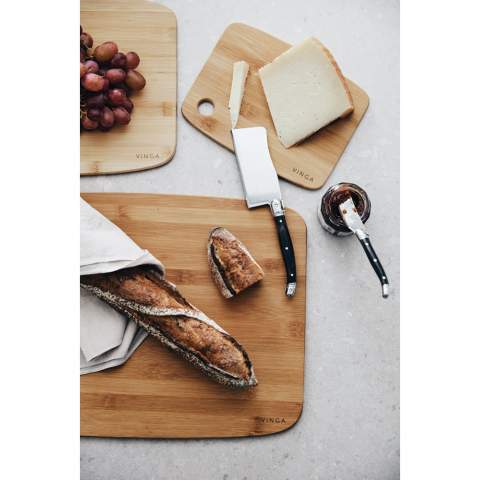 An exclusive stainless steel cheese knife set consisting of two cheese knives and a butter knife with a black pakka wood handle. Packed in an exclusive gift box.
