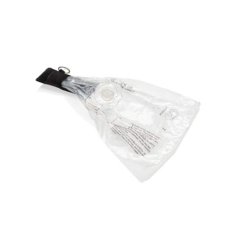 CPR-Maske für die Mund-zu-Mund-Beatmung im, mit einem Klettverschluss verschlossenen Etui und mit Stahl-Schlüsselring, EN 13485:2016 konform. Mit Rückschlagventil. Verkauf in die Schweiz nicht möglich.