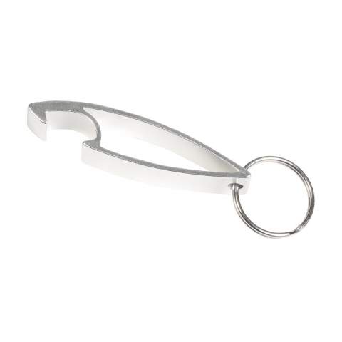 Lightweight aluminium bottle opener with key ring.