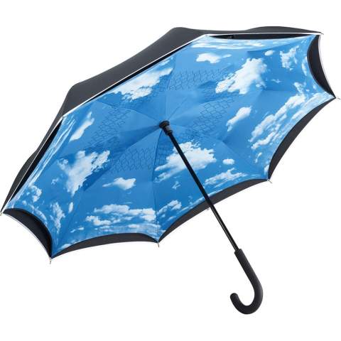 Trendy regular umbrella with reverse opening and closing mechanism and inner cover with printed cloudy sky