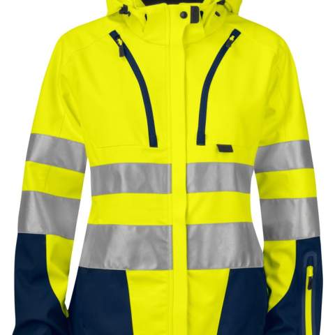 • wind, waterafstotende en ademende softshell<br />• aanpasbare en afneembare capuchon<br />• fleecegevoerde kraag<br />• twee schuinlopende, verticale borstzakken, de linker met telefoonzakje binnenin<br />• ritssluiting aan de voorzijde die bedekt is met een flap• Deze stormflap kan afgesloten worden met drukknopen <br />• twee zijzakken<br />• één mouwzakje op linkermouw<br />• lus voor badgehouder<br />• ventilatieopeningen in mesh onder de oksels met ritssluiting<br />• aanpasbare taille<br />• aanpasbare manchetten<br />• verlengd rugpand <br />• reflecterende biezen op mouwen en rug