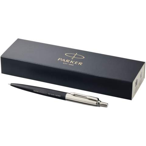 Jotter stands as an authentic design icon of the last 60 years. With covetable colours and a distinctive shape Jotter remains Parker's most popular pen, recognizable down to its signature click. Incl. Parker gift box. Delivered with patented QuinkFlow ballpoint refill. Exclusive design.