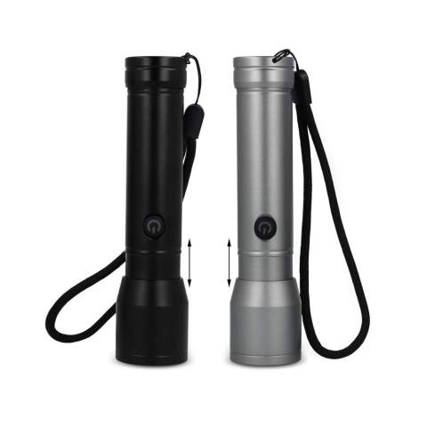 Rechargeable torch with a 1200mAh battery and 5W LED light providing 200lm brightness. Features a hand strap, multiple light modes (high, low, and flash), and a zoom function. Made from recycled aluminum and rated IPX4 for water resistance.