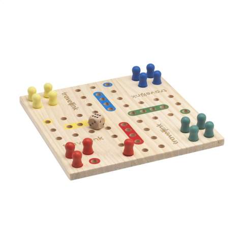 Brettspiel aus Holz mit 16 Spielfiguren und einem Würfel, hergestellt aus FSC 100% zertifiziertem Holz. In kompakter Größe. Ein Spiel für 2 bis 4 Personen. Geeignet für Jung und Alt. Wird einzeln in einem Kraftkarton geliefert.