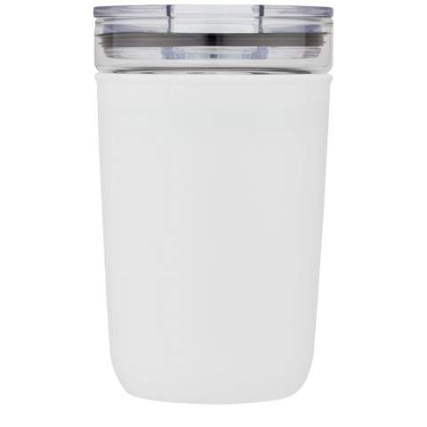 Glass tumbler protected by a recycled plastic case. The tumbler is made from 100% durable borosilicate glass which conserves the freshness of the beverage, and it does not contain any harmful chemicals. BPA-free, tested and approved under German Food Safe Legislation (LFGB). Tested and approved for phthalates content according to REACH regulations. The tumbler fits under most coffee machines. Volume capacity is 420 ml. By removing the plastic case, the item is dishwasher safe. Presented in a recycled cardboard gift box. 