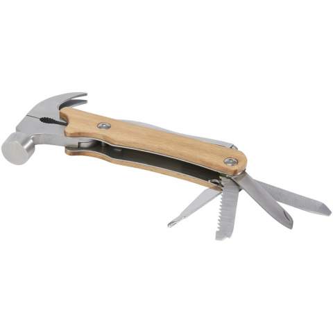 Strong, durable and compact multitool made from qualitative stainless steel with beech wood handles. A must-have accessory for any scout, handyman, and other survival or outdoor enthusiasts. The beech wood used is from sustainable, environmentally and socially responsible sources. The multitool has an opened size of 24 x 13 x 2 cm, a closed size of 17.5 x 9 x 2 cm, and offers 10 functions: claw, large nose pliers, standard pliers, wire cutter, hammer, file, flat screwdriver, phillips screwdriver, saw, knife and lock. Delivered with an instruction manual and is packed in a recycled cardboard giftbox with a size of 20.5 x 10 x 3.5 cm. Laser engraving is recommended as a sustainable printing option.