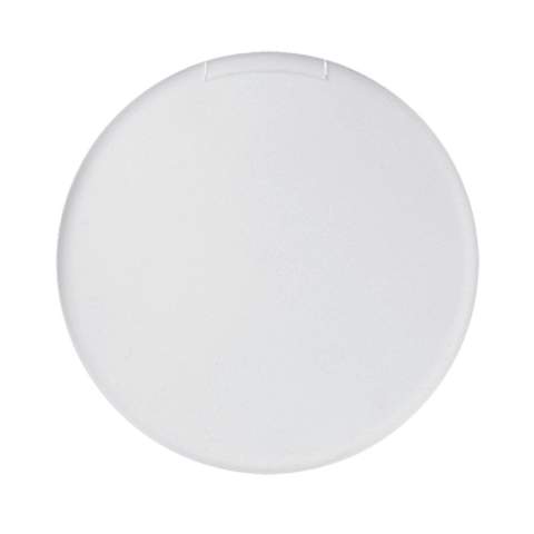 Boîte plate et ronde de bonbons à la menthe. En couleurs transparente ou blanc opaque. Environ 6,5 grammes.
