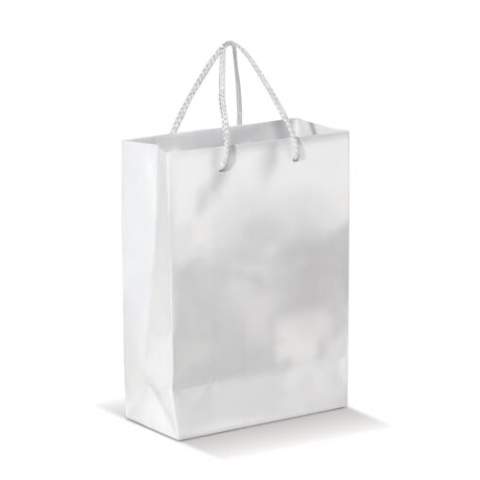 Small paper bag with rope handles. Available in multiple colours with straps in black or white. Strong and suitable for small articles. Glossy lamination.