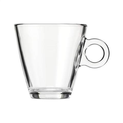 Großes Teeglas aus hochwertigem, gehärtetem Glas. Zeitloses Modell mit einem auffälligen runden Ohr. Fassungsvermögen: 320 ml. Made in Italy.