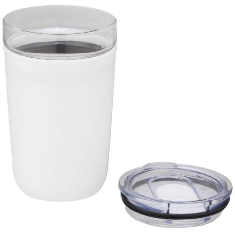 Glass tumbler protected by a recycled plastic case. The tumbler is made from 100% durable borosilicate glass which conserves the freshness of the beverage, and it does not contain any harmful chemicals. BPA-free, tested and approved under German Food Safe Legislation (LFGB). Tested and approved for phthalates content according to REACH regulations. The tumbler fits under most coffee machines. Volume capacity is 420 ml. By removing the plastic case, the item is dishwasher safe. Presented in a recycled cardboard gift box. 