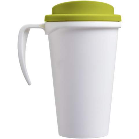 Double-wall insulated mug with twist-on lid and integrated handle. Mug is fully recyclable. Mix and match colours to create your perfect mug. Made in the UK. Presented in a white gift box. BPA-free.
