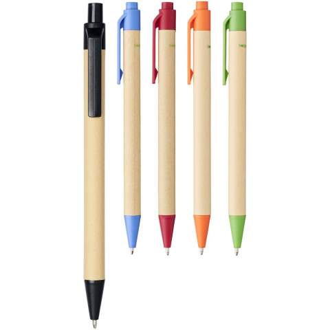 Umweltfreundlicher Kugelschreiber mit Klickmechanismus, einem Schaft aus biologisch abbaubarem Papiermaterial und Verzierungen aus Mais-Kunststoff in verschiedenen Farben. Die Farbe des Recyclingkartons kann variieren.