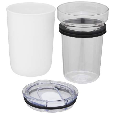 Glass tumbler protected by a recycled plastic case. The tumbler is made from 100% durable borosilicate glass which conserves the freshness of the beverage, and it does not contain any harmful chemicals. BPA-free, tested and approved under German Food Safe Legislation (LFGB). Tested and approved for phthalates content according to REACH regulations. The tumbler fits under most coffee machines. Volume capacity is 420 ml. By removing the plastic case, the item is dishwasher safe. Presented in a recycled cardboard gift box. 