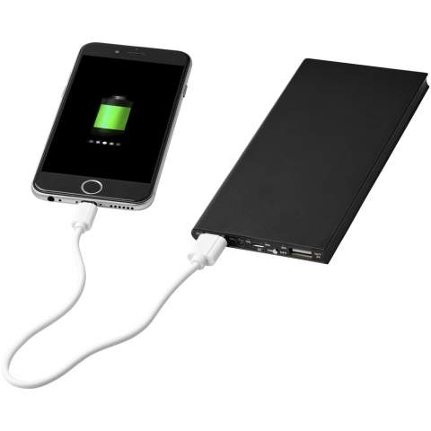 The Plate 8000 mAh aluminium power bank features a 8000 mAh Grade A Lithium-polymer battery and has a slim design. The LED indicator lights up during charging and displays the remaining battery capacity in the power bank. It has an input and output of 5V/2A and its made from durable aluminium. Includes a USB to Micro-USB charging cable. Supplied in a white Avenue gift box.