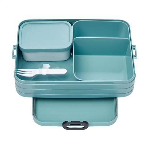 Bento lunch box from Mepal. This lunch box has two separate compartments, as well as an extra box with a fork. This lunch box is robust in design with a close-fitting lid. The lid is fitted with a sealing ring ensuring that the contents remain fresh for a long period of time. The bento containers in the lunch box can be used in the microwave, without the lid. A very high-quality product, this lunch box has a capacity of 1.5ltrs and is suitable for storing up to 8 sandwiches. BPA Free and Food Approved, with a 2-year Mepal factory warranty. Made in Holland.   STOCK INFORMATION: Up to 1,000 pieces available within 10 working days. Reservations and exceptions apply.