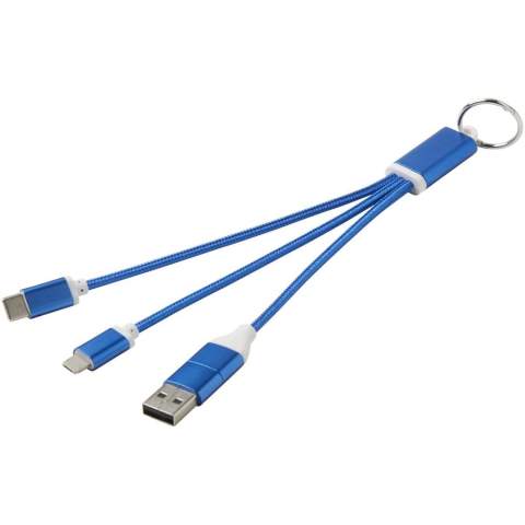 4-in-1-Ladekabel aus recyceltem Aluminium mit Schlüsselanhänger und einer maximalen Ausgangsleistung von 10W. Dank der USB-A- und Typ-C-Eingangsanschlüsse in Kombination mit den Typ-C- und Lightning/Micro-USB-Kombi-Ausgangsanschlüssen (unterstützt Apple iOS- und Android-Geräte) können die meisten Smartphones, Kameras, Powerbanks und Ohrhörer aufgeladen werden.
