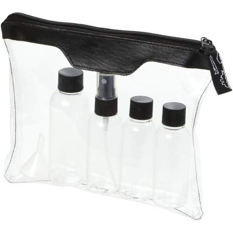 Toilettas, goedgekeurd als handbagage in het vliegtuig, met 2 x 50ml flesjes, 1 x 90 ml en 1 spray met trechter, verpakt in aparte polybag.