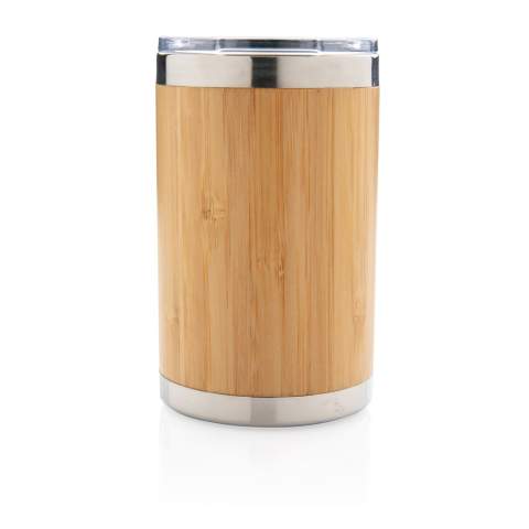 Deze unieke bamboe koffiebeker wordt geleverd met 304 foodgrade en roestvrijstalen binnenwand en buitenkant van bamboe. Perfecte afmeting voor de meeste koffiemachines. Houd je drankjes maximaal 3 uur warm en koel tot 6 uur. Inhoud: 270 ml.<br /><br />HoursHot: 3<br />HoursCold: 6