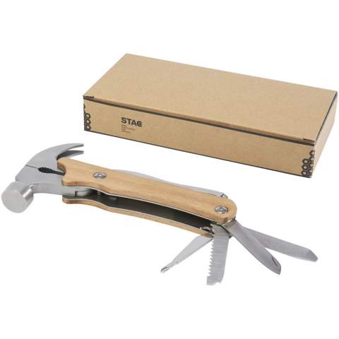 Strong, durable and compact multitool made from qualitative stainless steel with beech wood handles. A must-have accessory for any scout, handyman, and other survival or outdoor enthusiasts. The beech wood used is from sustainable, environmentally and socially responsible sources. The multitool has an opened size of 24 x 13 x 2 cm, a closed size of 17.5 x 9 x 2 cm, and offers 10 functions: claw, large nose pliers, standard pliers, wire cutter, hammer, file, flat screwdriver, phillips screwdriver, saw, knife and lock. Delivered with an instruction manual and is packed in a recycled cardboard giftbox with a size of 20.5 x 10 x 3.5 cm. Laser engraving is recommended as a sustainable printing option.