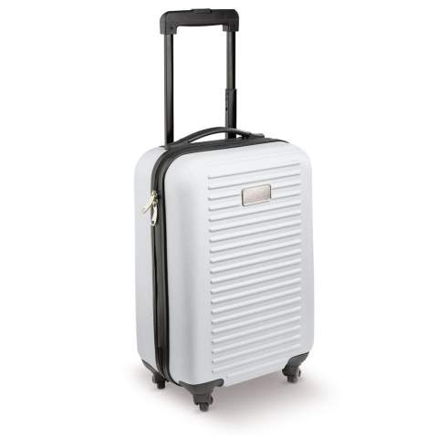 Cabin size trolley with one main compartment with grey lining. The suitecase has a double zipper and four spinner wheels. Metal plate for printing. Individually packed in a box.