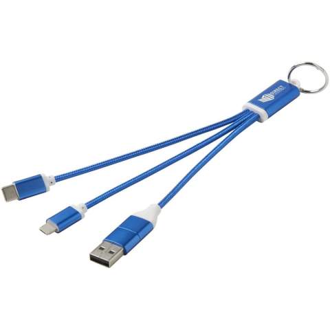 4-in-1-Ladekabel aus recyceltem Aluminium mit Schlüsselanhänger und einer maximalen Ausgangsleistung von 10W. Dank der USB-A- und Typ-C-Eingangsanschlüsse in Kombination mit den Typ-C- und Lightning/Micro-USB-Kombi-Ausgangsanschlüssen (unterstützt Apple iOS- und Android-Geräte) können die meisten Smartphones, Kameras, Powerbanks und Ohrhörer aufgeladen werden.