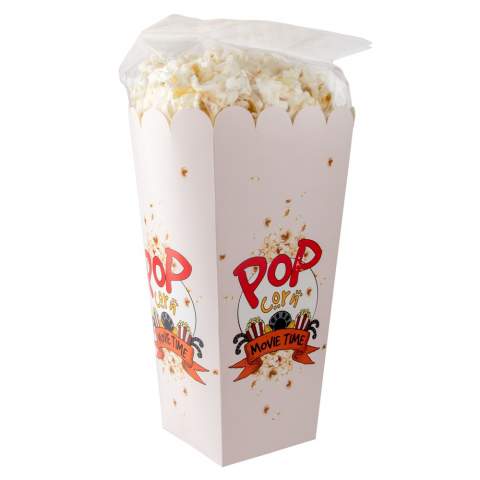 Full colour bedrukte doos gevuld met een zak van ca. 75 gram popcorn. Keuze uit zoet of zout.