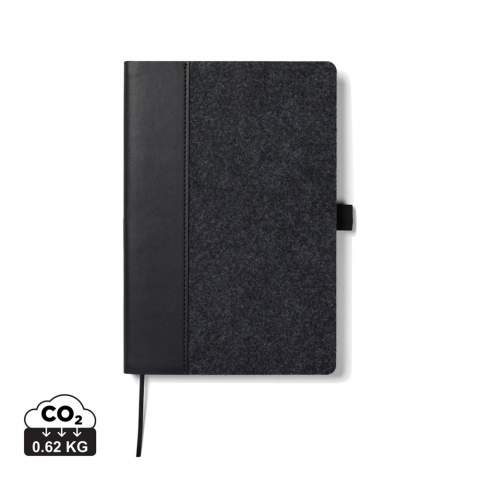A5 notebook elegantly crafted from recycled felt, boasting a mélange effect and an integrated pen holder. Containing 80 sheets or 160 pages of 70 gsm recycled paper, its lined pages are ideal for any note-taking needs. Certified by GRS (Global Recycled Standard), GRS certification guarantees that the entire supply chain of the recycled materials is certified. The total recycled content is based on the overall product weight. This product contains 83% GRS-certified recycled paper and 7% GRS-certified recycled felt.<br /><br />NotebookFormat: A5<br />NumberOfPages: 160<br />PaperRulingLayout: Lined pages