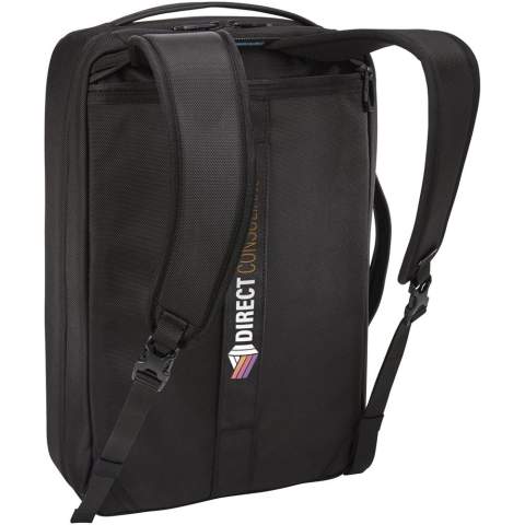 Een 2-in-1 eco-vriendelijke aktetas die kan worden omgevormd tot een rugzak om zakenreizen te vergemakkelijken. Voorzien van speciale vakken voor een MacBook® van 16" of pc van 15,6" en een tablet van 10,5". Meerdere interne organisatievakken om de inhoud te beveiligen in aktetas- of rugzakmodus en een afneembare, gevoerde schouderriem om comfortabel te dragen als aktetas. Geproduceerd met 100% gerecycled 1680 polyester materiaal met YKK-ritsen.