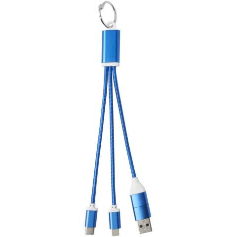 4-in-1-Ladekabel aus recyceltem Aluminium mit Schlüsselanhänger und einer maximalen Ausgangsleistung von 10W. Dank der USB-A- und Typ-C-Eingangsanschlüsse in Kombination mit den Typ-C- und Lightning/Micro-USB-Kombi-Ausgangsanschlüssen (unterstützt Apple iOS- und Android-Geräte) können die meisten Smartphones, Kameras, Powerbanks und Ohrhörer aufgeladen werden.