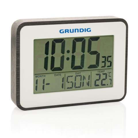 Station météo d'intérieur Grundig avec alarme et calendrier. Comprend un thermomètre, une alarme, le jour, le mois et la date et l'heure. 2 piles AA ne sont pas incluses. Emballé dans une boîte cadeau Grundig.