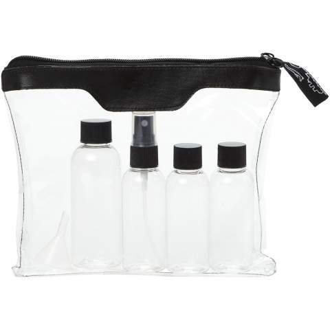 Toilettas, goedgekeurd als handbagage in het vliegtuig, met 2 x 50ml flesjes, 1 x 90 ml en 1 spray met trechter, verpakt in aparte polybag.