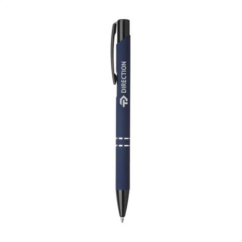 Blue ink ballpoint pen with black painted push button/clip and tip, chrome interlaces. The barrel is finished with a rubberised finish.
