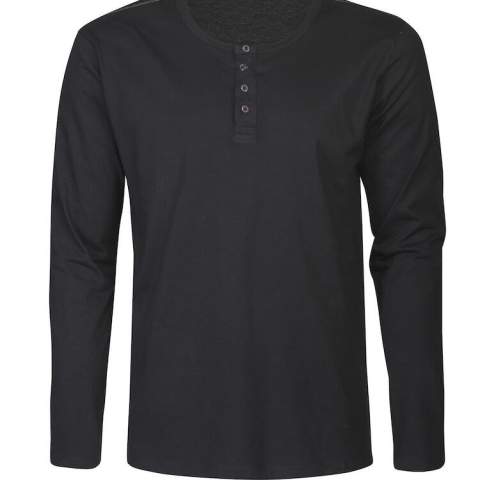 T-shirt met lange mouwen, vierknoopsluiting en contrasterende naad op de schouders. De t-shirt is in slubkatoen waardoor het materiaal een gemêleerd effect krijgt. Oeko-Tex 100 gecertificeerd.