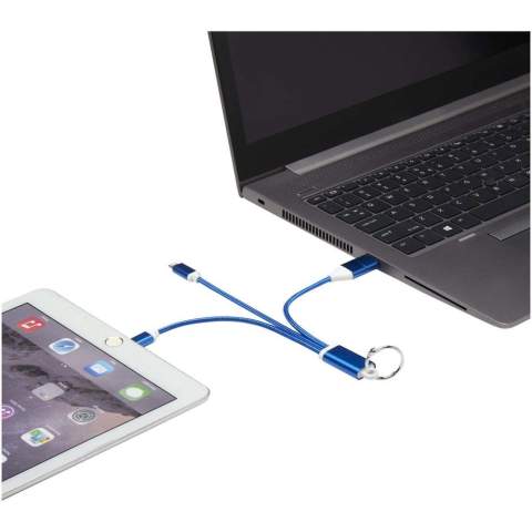 4-in-1-Ladekabel aus recyceltem Aluminium mit Schlüsselanhänger und einer maximalen Ausgangsleistung von 10W. Dank der USB-A- und Typ-C-Eingangsanschlüsse in Kombination mit den Typ-C- und Lightning/Micro-USB-Kombi-Ausgangsanschlüssen (unterstützt Apple iOS- und Android-Geräte) können die meisten Smartphones, Kameras, Powerbanks und Ohrhörer aufgeladen werden.