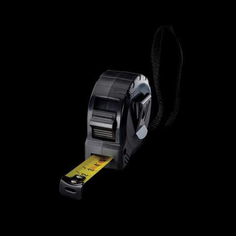 3 metre tape made with RCS (Recycled Claim Standard) certified recycled ABS. Total recycled content: 21% based on total item weight. RCS certification ensures a completely certified supply chain of the recycled materials. With deluxe TRP rubber grip for smooth grip.  With release/lock button.  With 16mm single sided tape, yellow with black carbon steel hook. With polyester wrist strap. Packed in FSC® mix kraft packaging<br /><br />TapeLengthMeters: 3.00