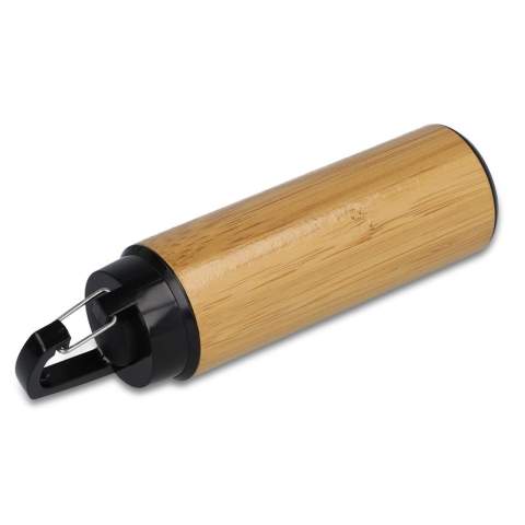 Compact torch made from recycled ABS and bamboo, featuring a built-in clip on the back for easy attachment. Includes 3 AAA batteries for immediate use and provides a bright 70lm with a single LED light.