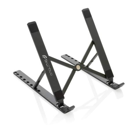 Aluminium laptop stand made with RCS (Recycled Claim Standard) certified recycled aluminium and TPU. Total recycled content: 99% based on total item weight. RCS certification ensures a completely certified supply chain of the recycled materials. The stand is foldable and can hold any laptop up to 15.6”. The stand can be adjusted to 8 different angles for optimal ergonomic posture when working on your laptop. Aluminium does not lose its characteristics in the recycling process and can be recycled endlessly. Compatible with most common tablets and laptops. With RCS certified recycled TPU strips at the bottom to avoid slipping. Packed in FSC® mix packaging.<br /><br />PVC free: true
