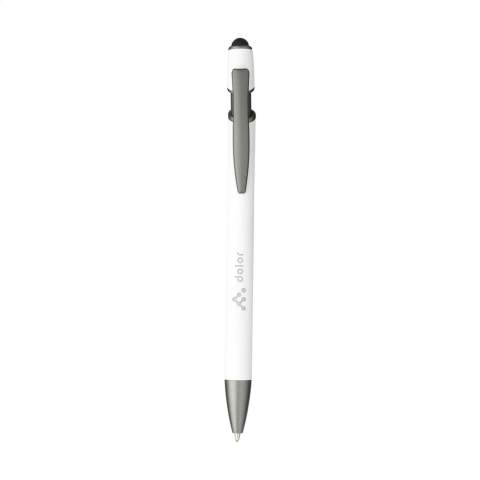 WoW! Stylo à bille à encre bleue avec un corps en aluminium 100% recyclé certifié RCS. Le corps est doté d'une finition caoutchoutée douce et d'un embout en caoutchouc pour utiliser les écrans tactiles. Clip métallique et pointe en plastique. Certifié RCS. Matière recyclée totale : 24%.    L'utilisation d'aluminium recyclé permet de réduire le nombre de nouvelles matières premières utilisées pour la fabrication de ce produit. Cela signifie moins de consommation d'énergie et moins d'utilisation d'eau.