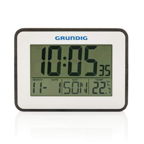 Grundig indoor weatherstation with alarm and calendar.  Features thermometer, alarm, day, month, date and time. Excluding 2x AA batteries. Packed in Grundig giftbox.