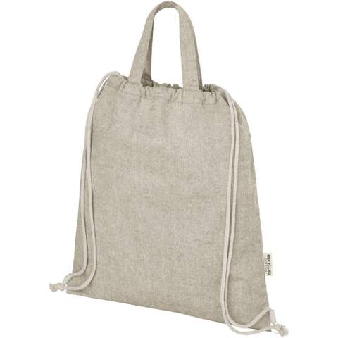 Drawstring bag made of a 150 g/m² recycled cotton polyester blend. Large main compartment with cotton drawstring closure in natural colour. Recycled cotton is manufactured from pre-consumer waste generated by textile factories during the cutting process. Similar colours are blended together so no additional dyeing is required. Due to the nature of recycled cotton, there may be a very slight colour variation. This distinctly adds to a more authentic appearance. Each backpack also comes with an Aware™ tracer. This innovative feature allows users to trace the origins and journey of their item through a QR code, enhancing transparency in the supply chain and fostering a stronger connection between the product and its production process. Resistance up to 5 kg weight. Handle length: 14 cm.