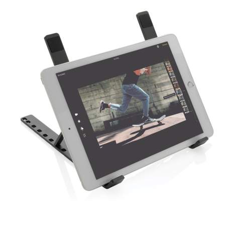 Aluminium laptop stand made with RCS (Recycled Claim Standard) certified recycled aluminium and TPU. Total recycled content: 99% based on total item weight. RCS certification ensures a completely certified supply chain of the recycled materials. The stand is foldable and can hold any laptop up to 15.6”. The stand can be adjusted to 8 different angles for optimal ergonomic posture when working on your laptop. Aluminium does not lose its characteristics in the recycling process and can be recycled endlessly. Compatible with most common tablets and laptops. With RCS certified recycled TPU strips at the bottom to avoid slipping. Packed in FSC® mix packaging.<br /><br />PVC free: true
