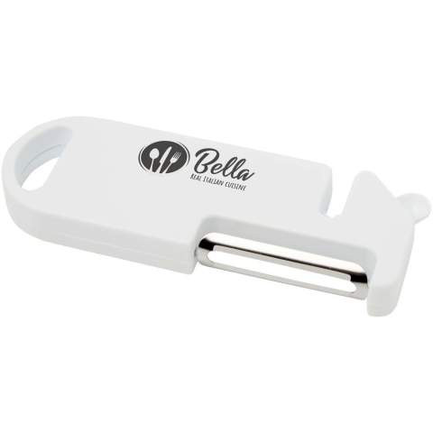 This multi-purpose kitchen tool combines four essential functions in one compact design. Made from recycled plastic, it features a peeler, bottle opener, knife sharpener, and a pointed tip for removing potato blemishes. A built-in hanging hole allows for easy storage. Practical and space-saving, it’s a versatile must-have for every home cook.