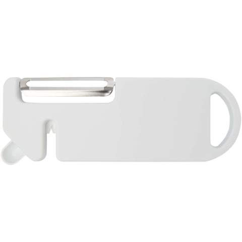 This multi-purpose kitchen tool combines four essential functions in one compact design. Made from recycled plastic, it features a peeler, bottle opener, knife sharpener, and a pointed tip for removing potato blemishes. A built-in hanging hole allows for easy storage. Practical and space-saving, it’s a versatile must-have for every home cook.