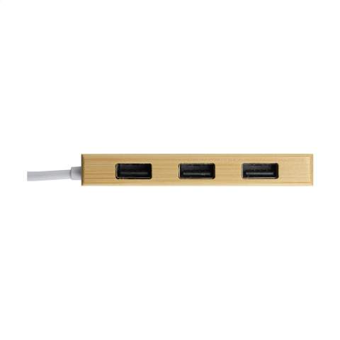 WoW! USB 2.0-HUB mit Bambusgehäuse. Ausgestattet mit 3 USB-Anschlüssen und 1 Typ-C-Anschluss zum Anschluss weiterer Geräte. Inklusive USB-A-Kabel und Bedienungsanleitung.   Bambus ist ein Naturmaterial. Deshalb kann die Farbe je nach Produkt unterschiedlich sein.