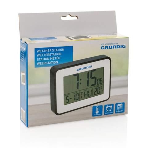 Grundig Innenraum-Thermometer mit Wecker und Kalender. Zeigt Temperatur, Alarm, Tag, Monat sowie Datum und Uhrzeit. Exklusive 2x AA-Batterien. Verpackt im Grundig Geschenkkarton.